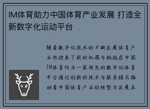 IM体育助力中国体育产业发展 打造全新数字化运动平台